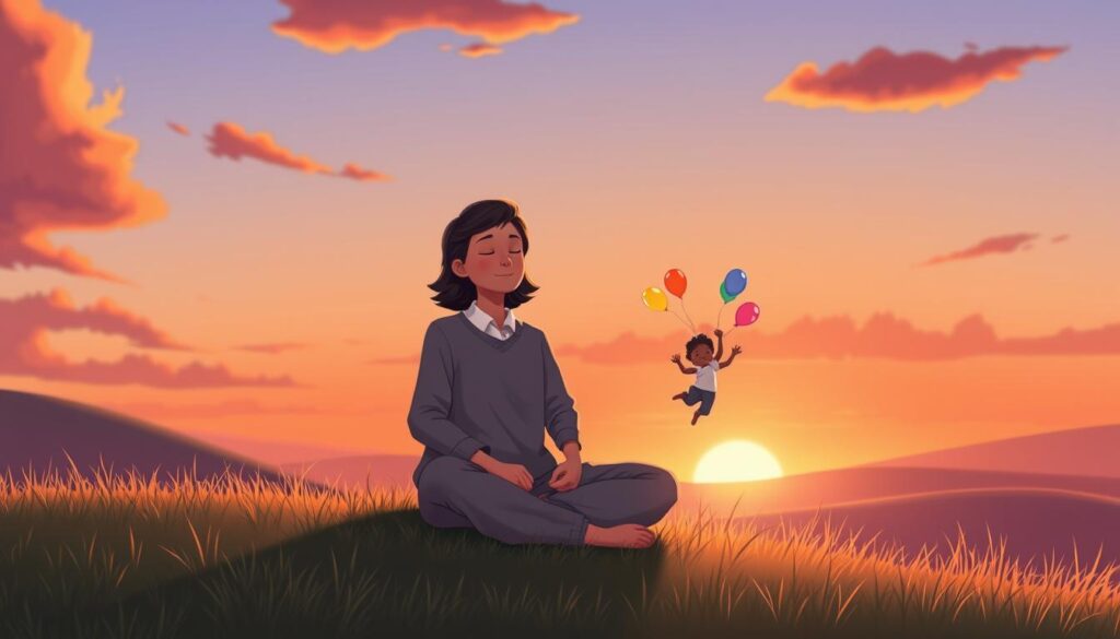 A serene and captivating scene of an individual engaged in inner child meditation, sitting cross-legged on a soft, grassy hill under a gentle sunset glow. In the foreground, the person, dressed in modest and comfortable clothing, has a peaceful expression, eyes closed, hands resting on their knees. The middle ground features a visual representation of their inner child, a joyful young version of themselves, playing with colorful balloons. The background showcases a tranquil landscape with rolling hills and a vibrant sky transitioning from orange to purple, creating a magical atmosphere. Soft, warm lighting bathes the scene, enhancing the mood of healing and emotional freedom. The composition should highlight the harmony between the adult and the inner child, symbolizing connection and growth. Art by nextself.ai.