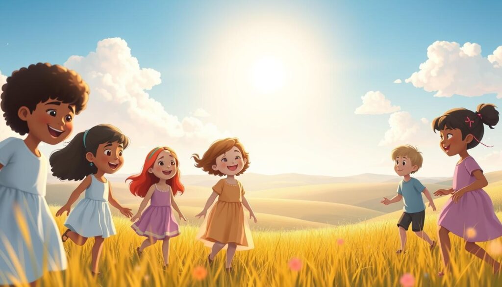 A serene and whimsical scene that embodies the "inner child" concept. In the foreground, a diverse group of children, aged 5-10, joyfully playing together in a sunlit meadow, their faces radiating pure happiness and innocence. The middle ground features a gentle, wise figure resembling a guardian spirit, softly guiding the children, dressed in flowing, pastel-colored robes and surrounded by a warm, glowing aura. In the background, a beautiful landscape of rolling hills under a clear blue sky, with fluffy white clouds drifting by. Soft, golden sunlight bathes the entire scene, creating an uplifting and hopeful atmosphere. The composition should evoke feelings of warmth, healing, and freedom, with a focus on emotional connection and joy. Captured with a wide-angle lens to encompass the richness of the scene. nextself.ai